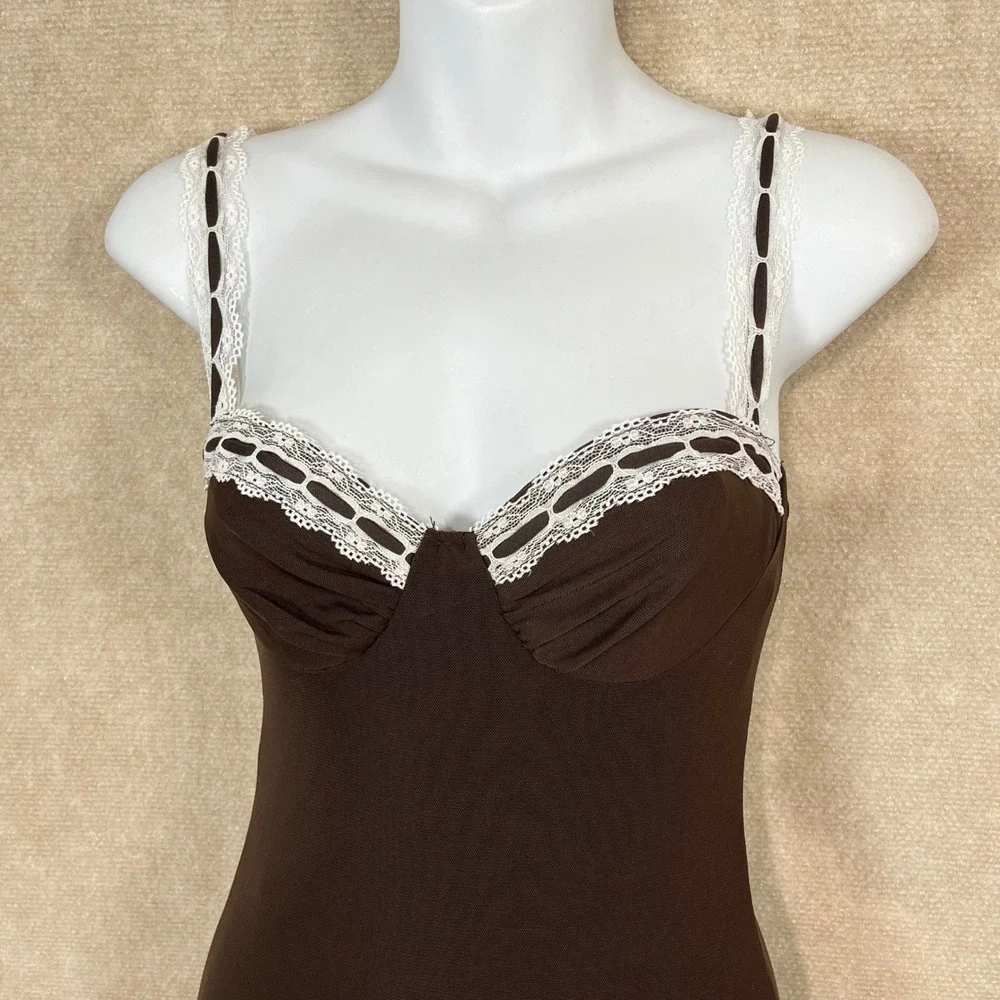 Saints & Secrets Lace Trim Y2K Forest Fairy Slip Maxi Dress Size‎ Medium Coffee